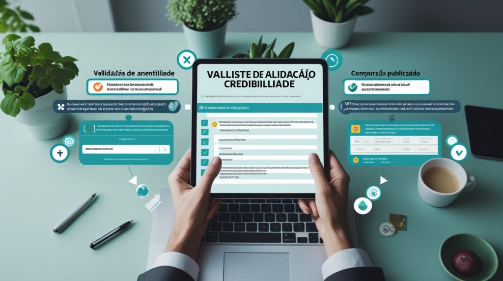 Vista de cima de uma mesa de trabalho digital mostrando uma checklist de validação de credibilidade